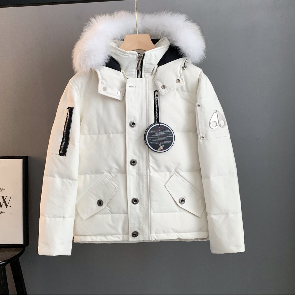 Moose Knuckles White Hooded Puffer Jacket with Fur Trim